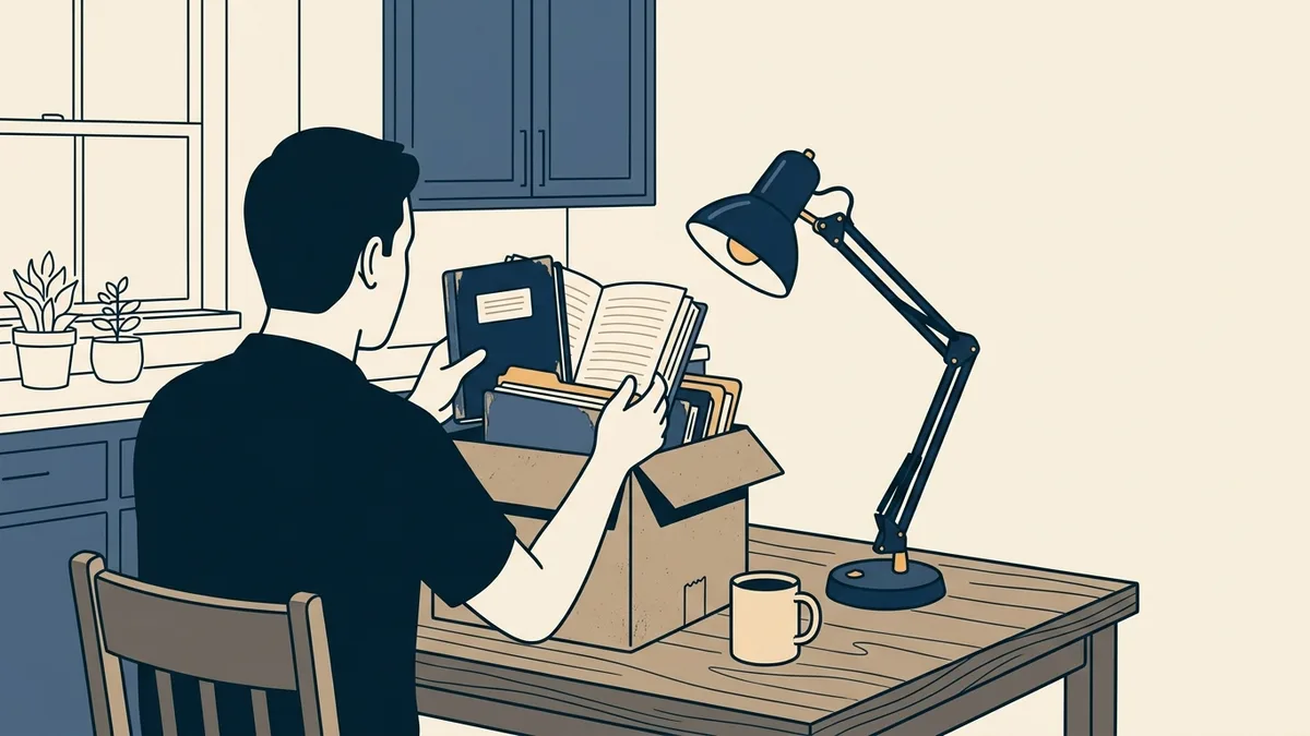 A counselor searching through an archive box of old folders and logbooks on a kitchen table.