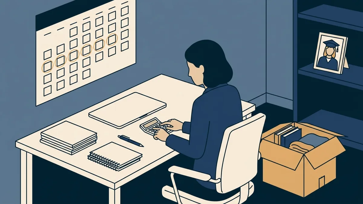 An associate counselor at a desk with a calculator, a wall calendar and a moving box half packed beside the chair.