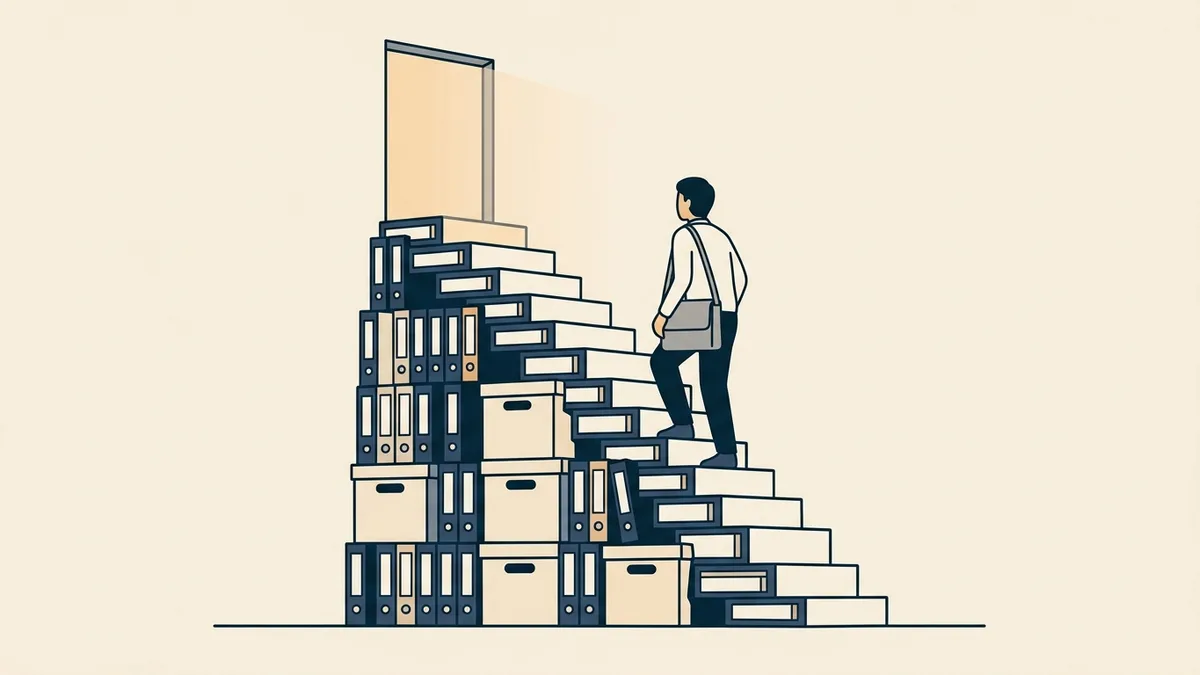 A counselor climbing a tall staircase of stacked binders toward a door at the top.