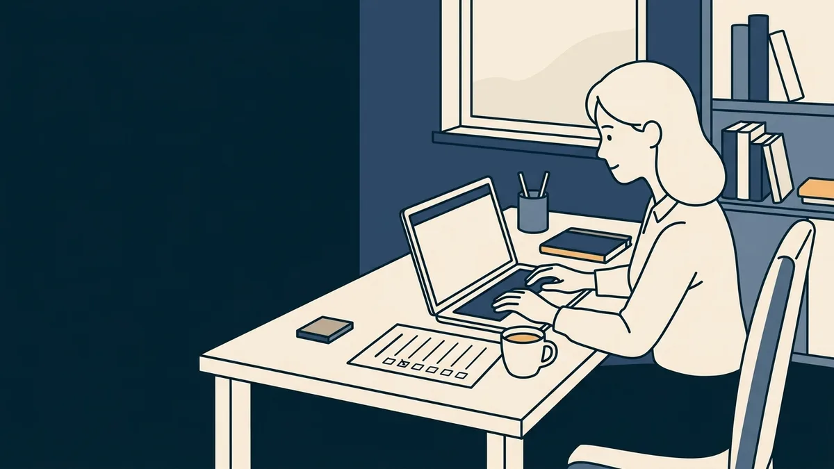 A counselor at a laptop working through an online form with a checklist and a cup of tea beside the keyboard.