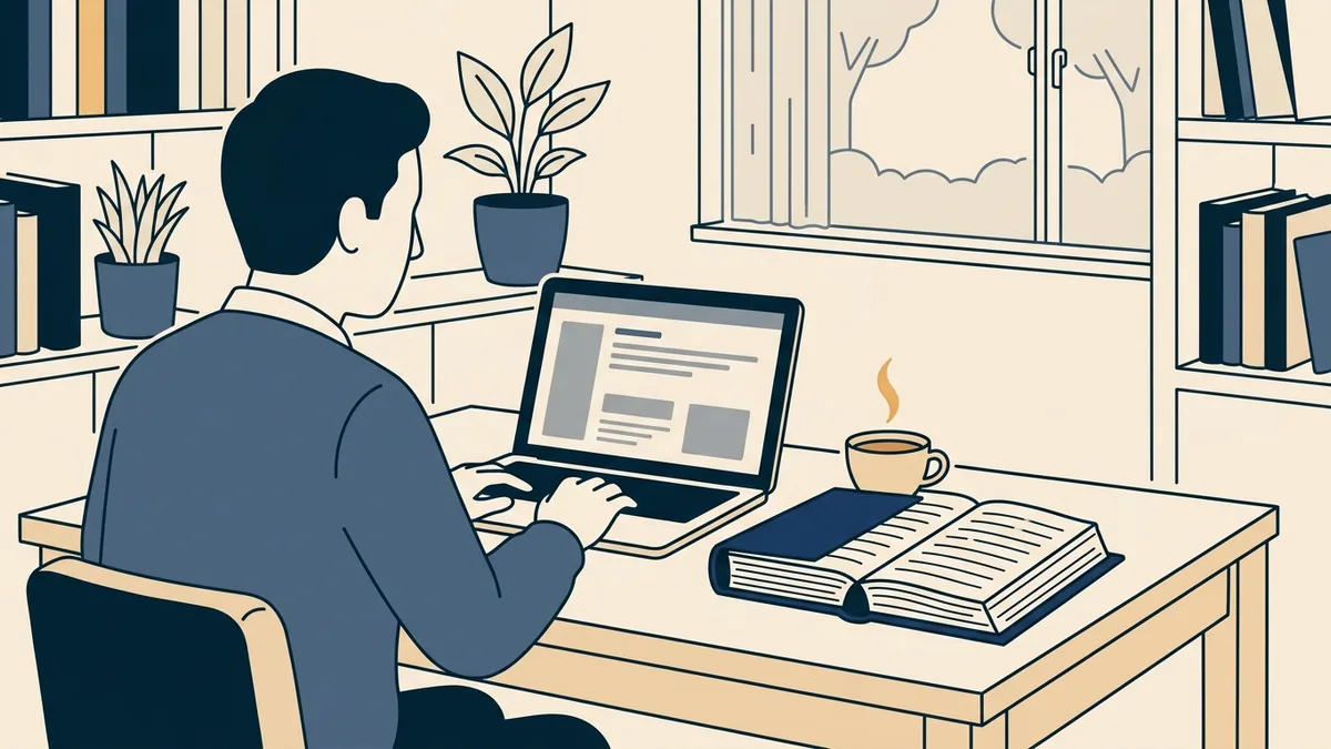 A counselor taking an online open-book law exam at home with a statute binder open beside the laptop.