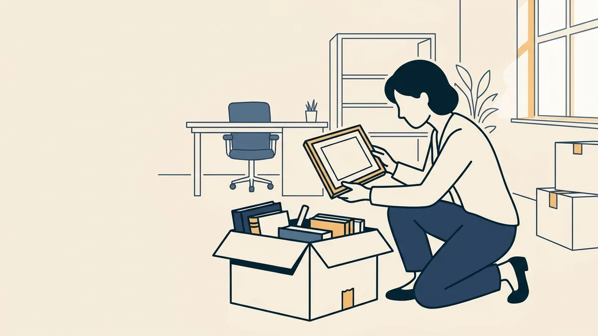 A counselor unpacking in a new office and pausing over an old framed license taken out of a box.