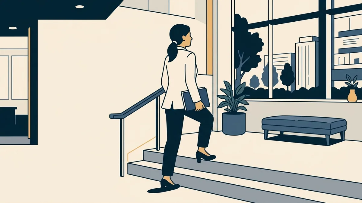 Two steps of a staircase in a counseling office building with a counselor climbing from the lower to the upper step.