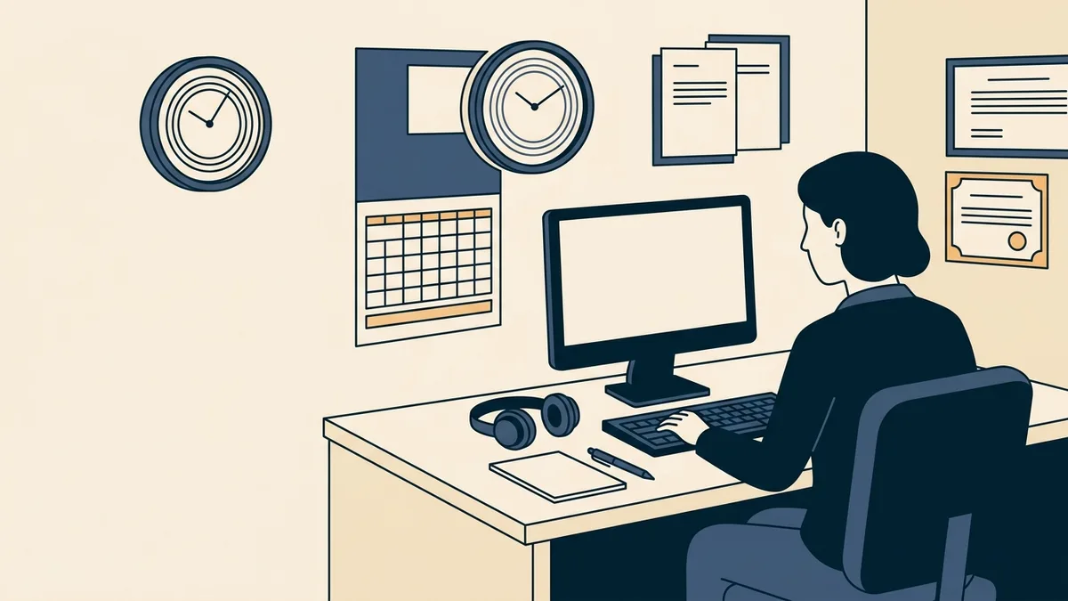 A counselor at a testing-center desk with a wall calendar and a small clock, preparing for a licensing exam.