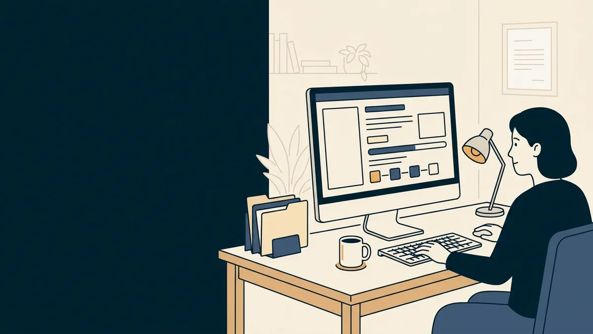 A counselor at a home office desk working through an online enrollment application with a coffee mug and a stack of folders.