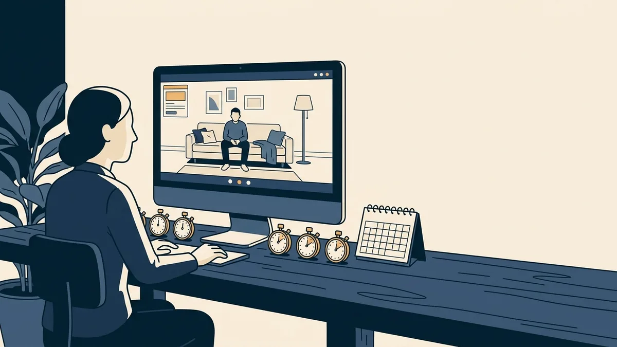 A counselor at a long desk with a row of small stopwatches and a calendar, holding a video session with a client in a rental apartment.