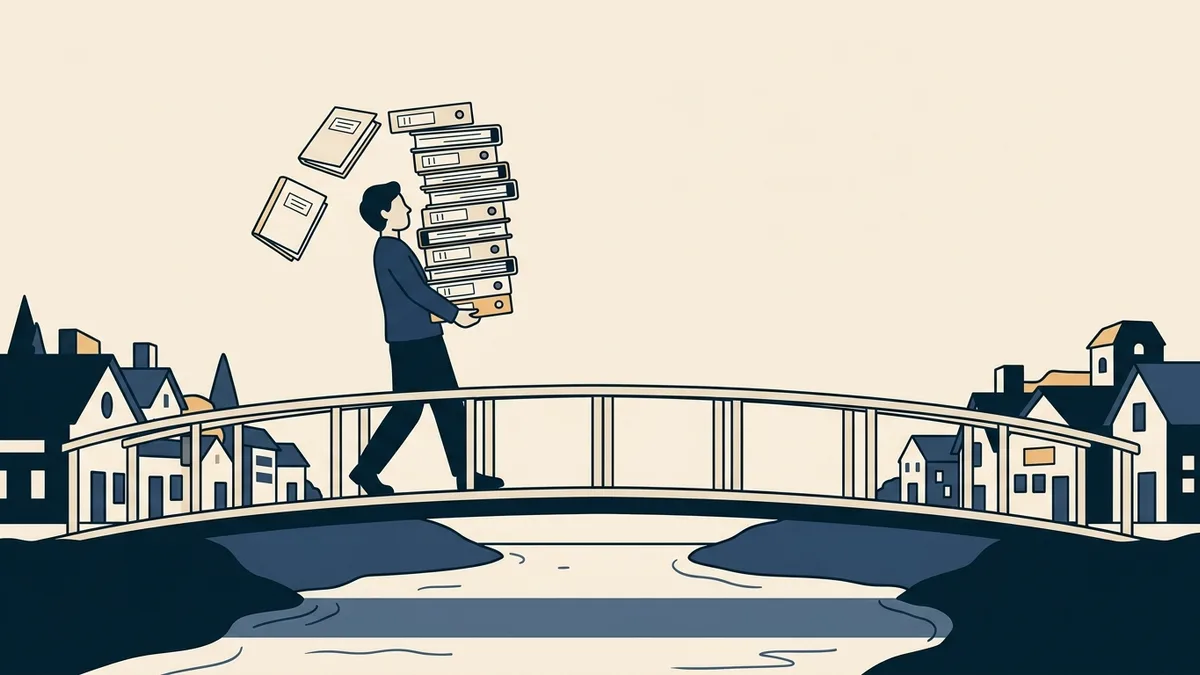 An associate counselor carrying a tall stack of hour-log binders across a bridge between two small towns.