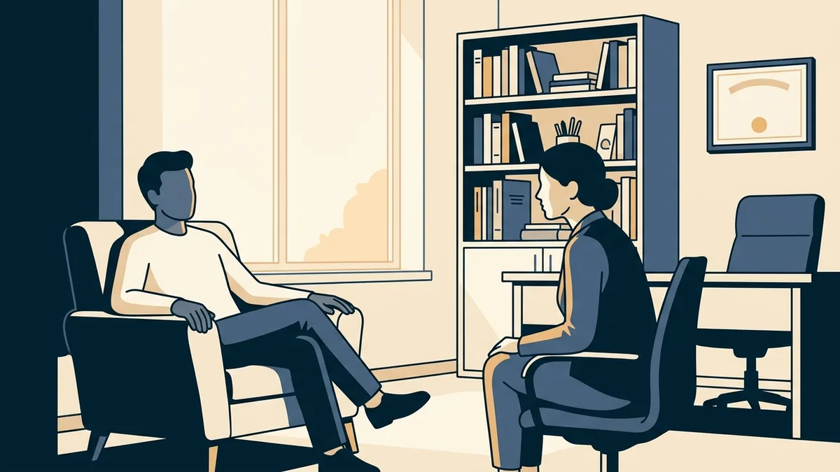 A counselor in session with a client in a calm office, a framed license and a bookshelf behind them.