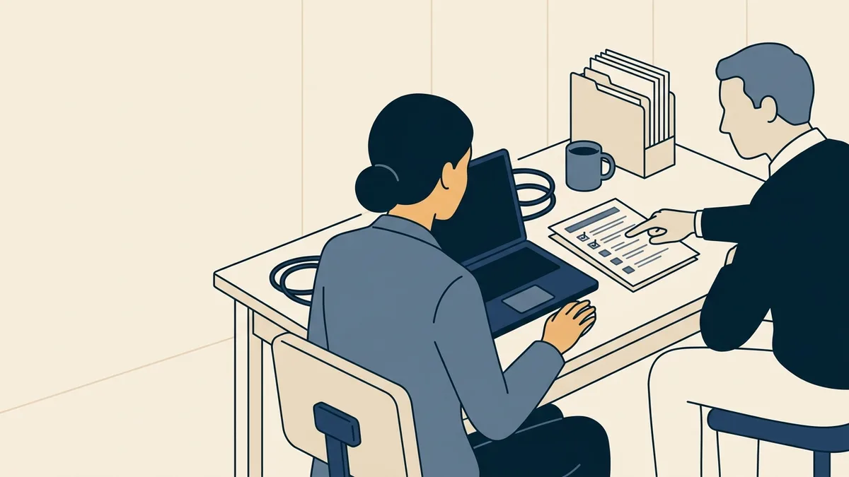A counselor's hand on a laptop trackpad while a second person sits beside her pointing at a printed checklist.